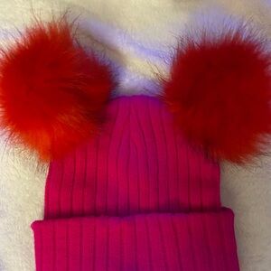 Pink Knit Beanie with Red Pom Poms